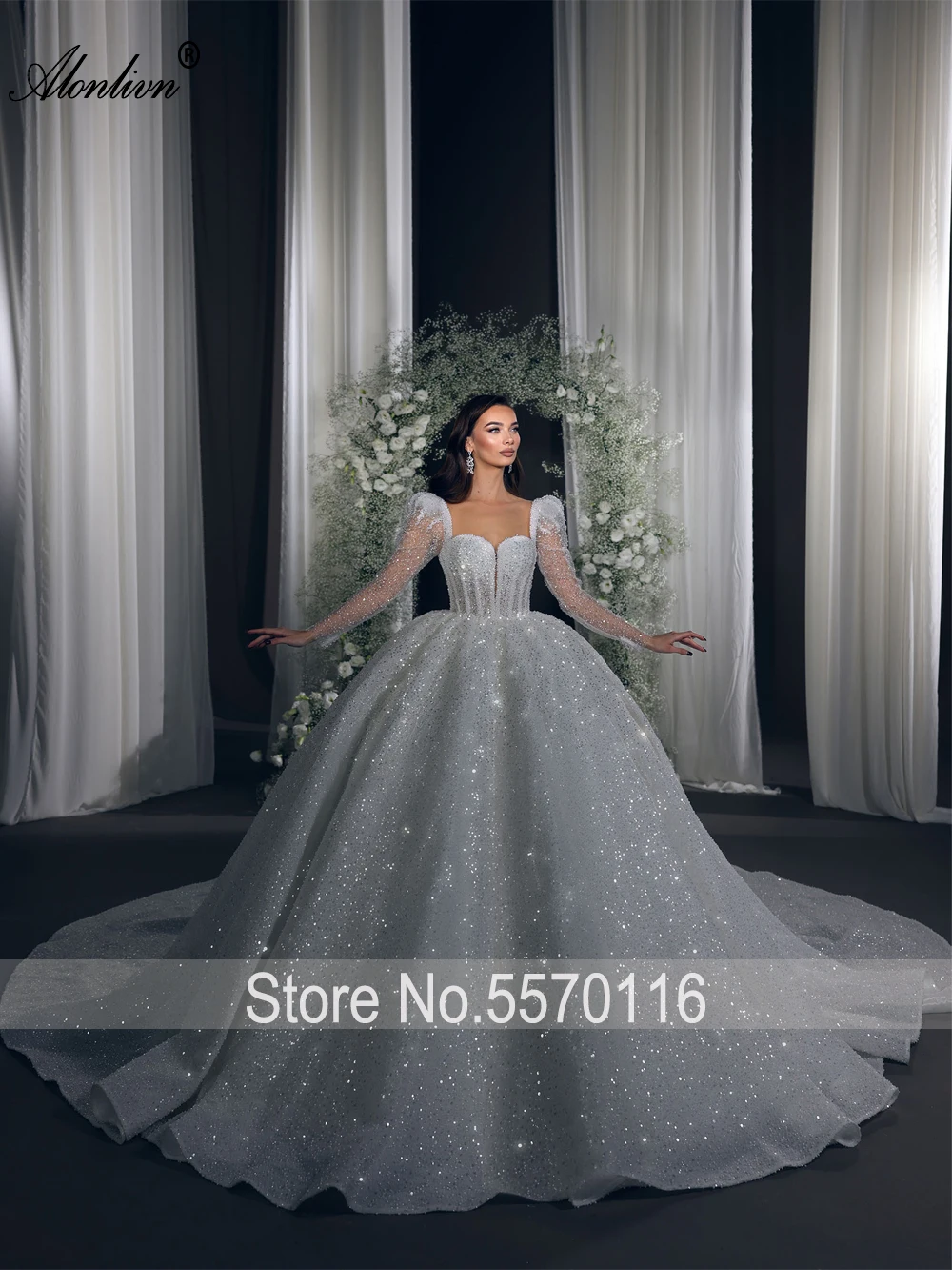 Alonlivn Luxurious Lace Sweetheart Ball Gown Wedding Dresses Beading Pearls Crystals Full Sleeves Princess Bridal Gowns