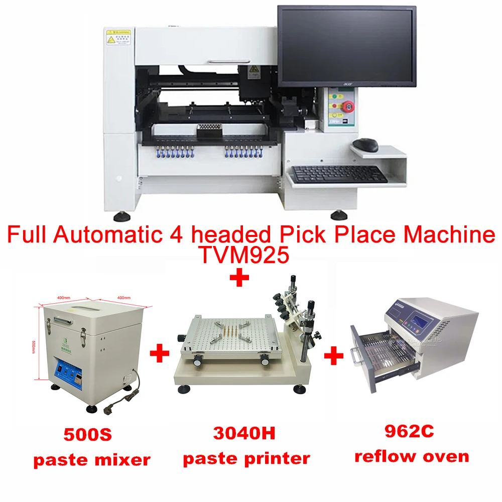 Macchina Pick Place completamente automatica a 4 teste TVM925 Sistema visivo a 2 telecamere Miscelatore per pasta saldante e stampante per pasta