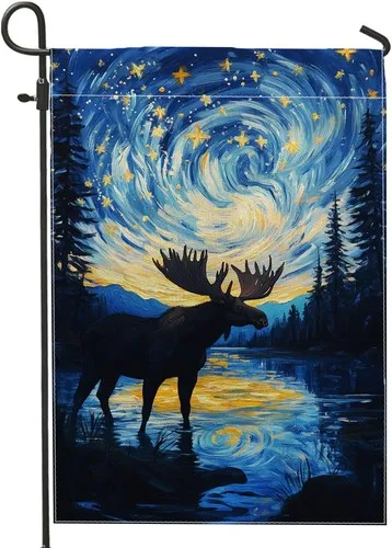 Moose and Starry Night Garden Flag, Sky Landscape Home Decor, 12x18 Inch XXQ