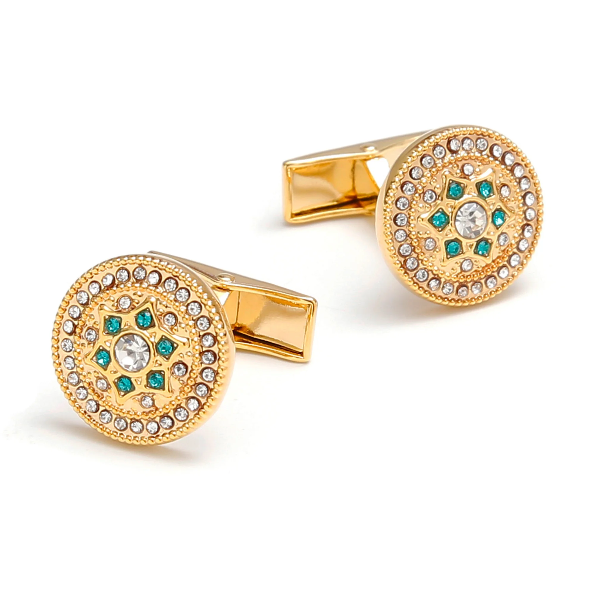 TOMYE Gold Cufflinks for Men, Luxury Green Crystal Round Brass Cuff Links, Business Wedding Shirt Gift, Customized Jewelry