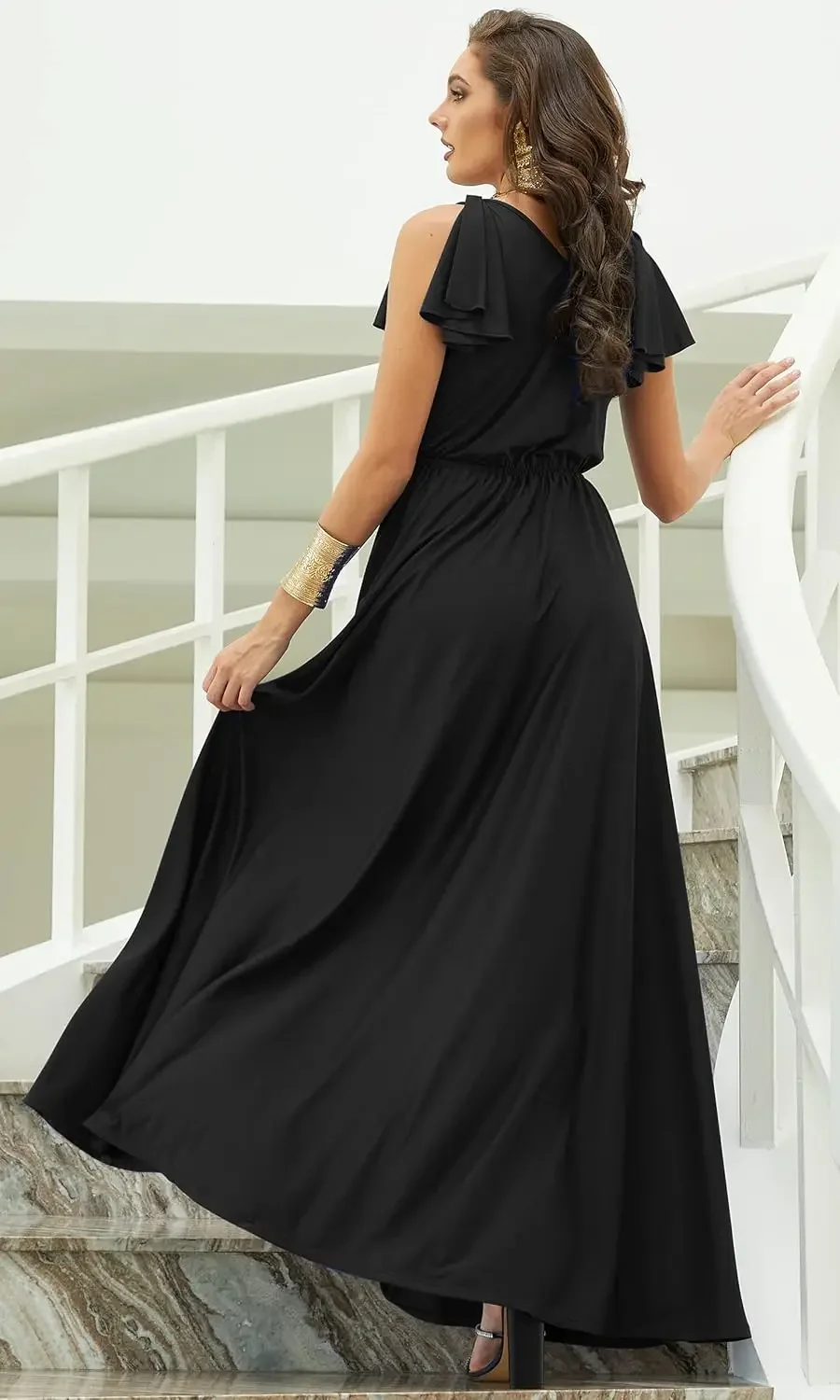 فساتين الحفلات المسائية فستان رسمي فاخر للنساء أنيق للنساء طويل على شكل حرف v كشكش بدون أكمام فستان حفلات وصيفة العروس فستان ماكسي