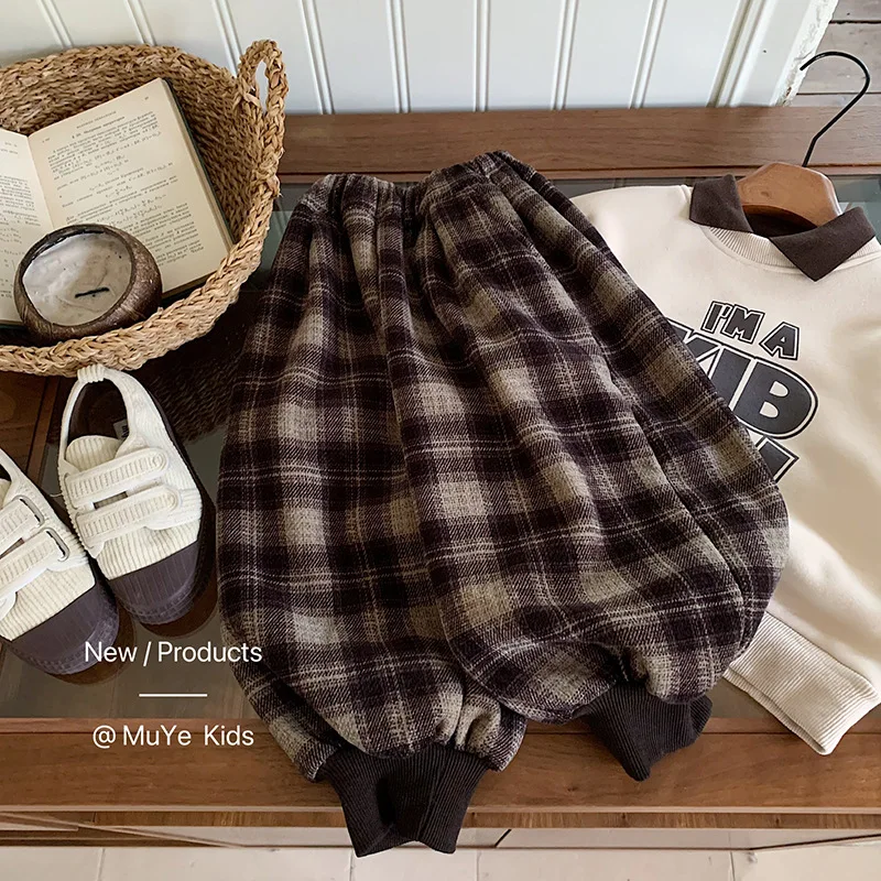 

UNITIM штаны для маленьких мальчиков, зима 2025 года, утепленные детские повседневные брюки в клетку для маленьких мальчиков, детские флисовые штаны в стиле ретро, От 3 до 8 лет, штаны для мальчиков