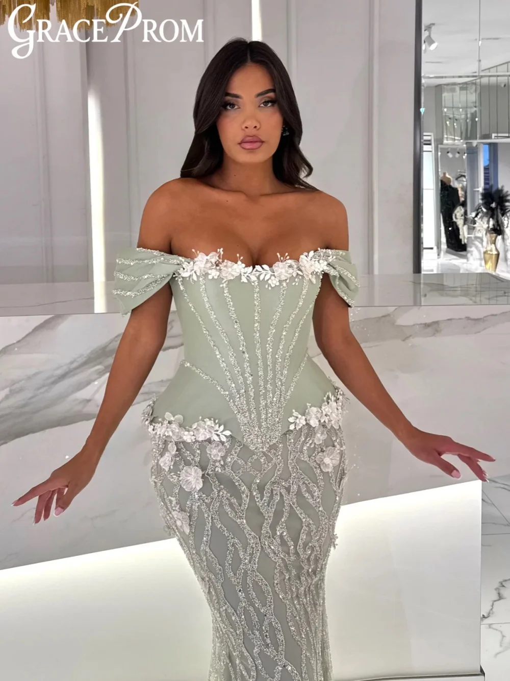 Jasnozielona suknia wieczorowa w stylu syreny z koralikami, sztywny gorset, stylowa suknia na przyjęcie weselne, szyta na miarę, wykwintna suknia na czerwony dywan.