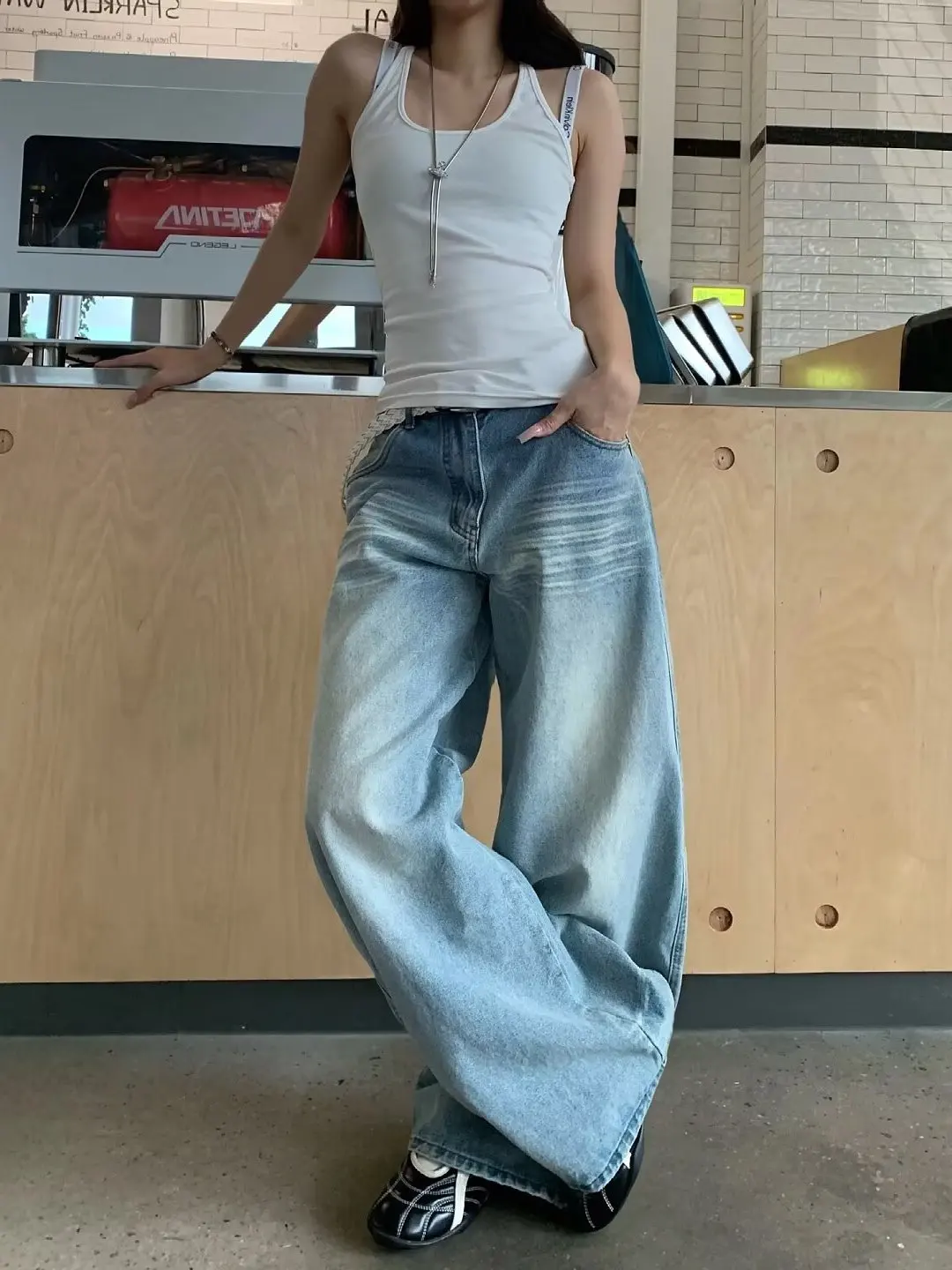 Retro American High Street Washed Knife  Jeans Women's Large Size Wide Leg Loose Fit Draping Long Pants Casual Denim
