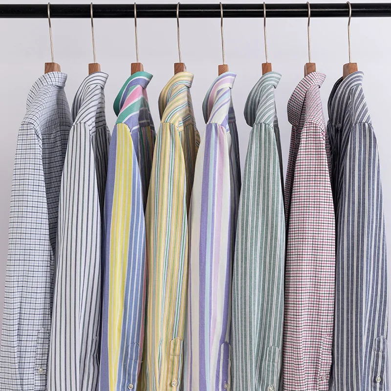 Mens 100% Cotton Oxford Long Sleeve Shirts Classic Striped Plaid Embroidery Casual Shirt Standard Button Down Workwear Shirts