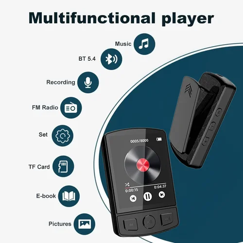 Imagen 2 del producto Reproductor MP3/MP4 Portátil Deportivo con Clip, Bluetooth 5.2, Pantalla de 1.8 Pulgadas, Compatible con Libros Electrónicos/Grabadoras/Radios FM