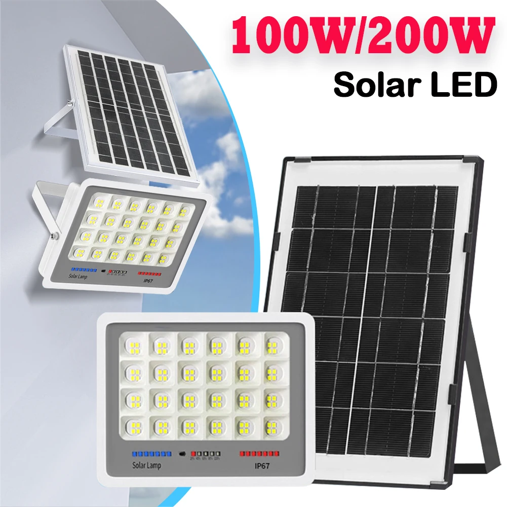 

100W/200W Solar Powered LED Flood Light Waterproof Outdoor Security Lights Auto-On Outdoor Wall Lamp Multi Modes for Courtyard