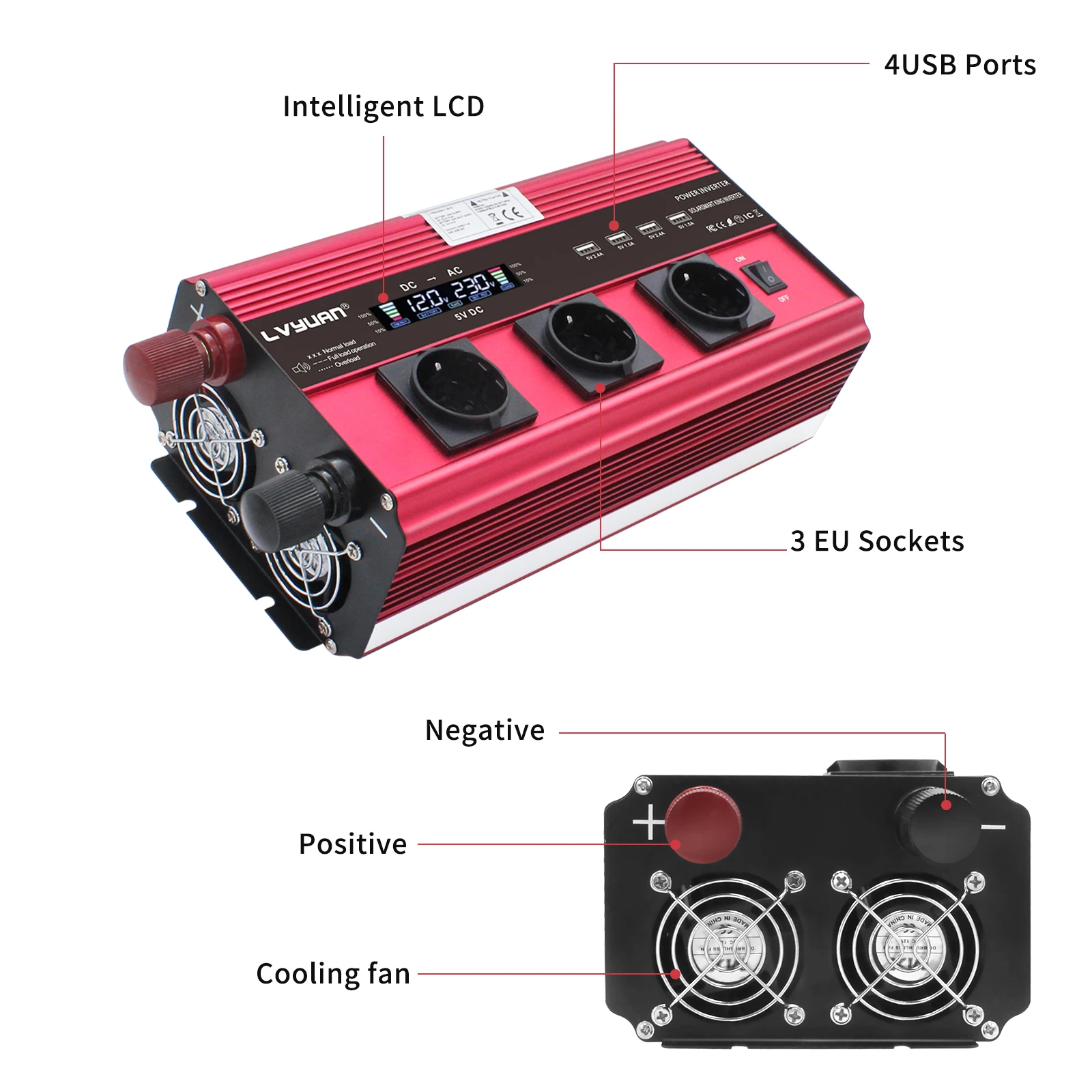 Car Power inverter 12v 24v to 110v 220v 3000W Peak Power6000W DC to AC LCD Display EU US Socket USB Converter Solar Car Inverter