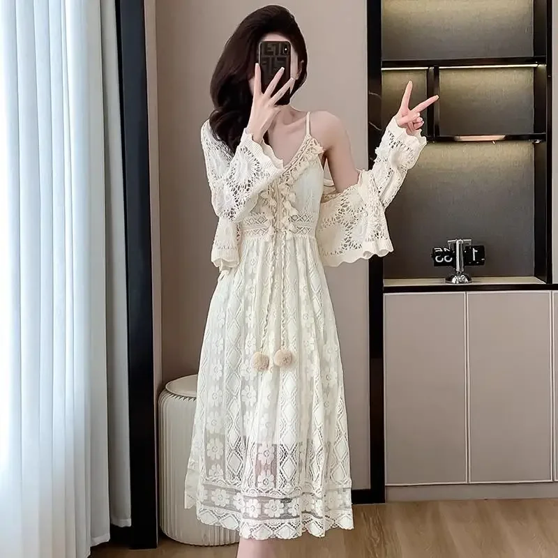 Midi Female Boho Dress White Beach Women's Long Sleeve Dresses 2025 Fashion Korean G Curvy Vintage Aesthetic Spring Autumn Hot X