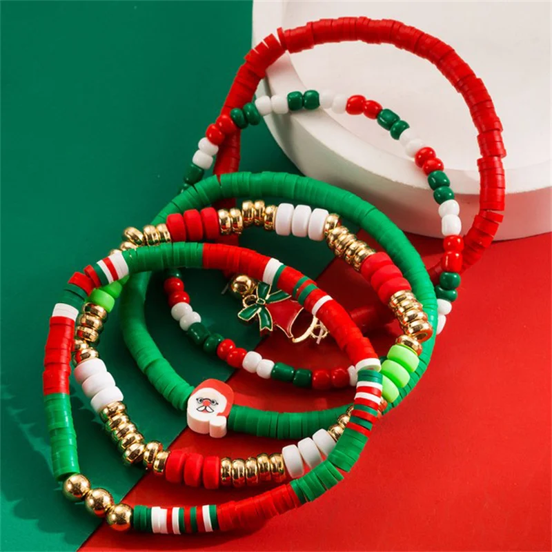 Kerst Kleurrijke Kralen Armbanden Voor Vrouwen Handgemaakte Sneeuwpop Kerstman Elanden Hanger Armband Nieuwjaar Sieraden Geschenken