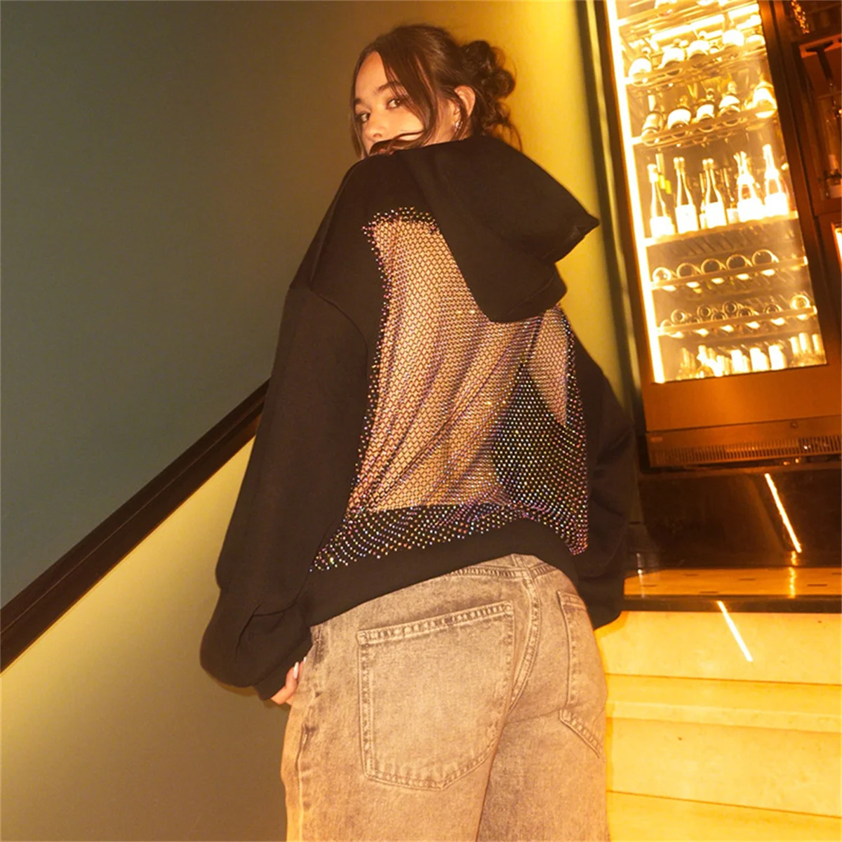 Sudadera translúcida a la moda para mujer, sudadera gótica americana, Sudadera con capucha de malla hueca Sexy, ropa Y2K, chaqueta informal de manga larga