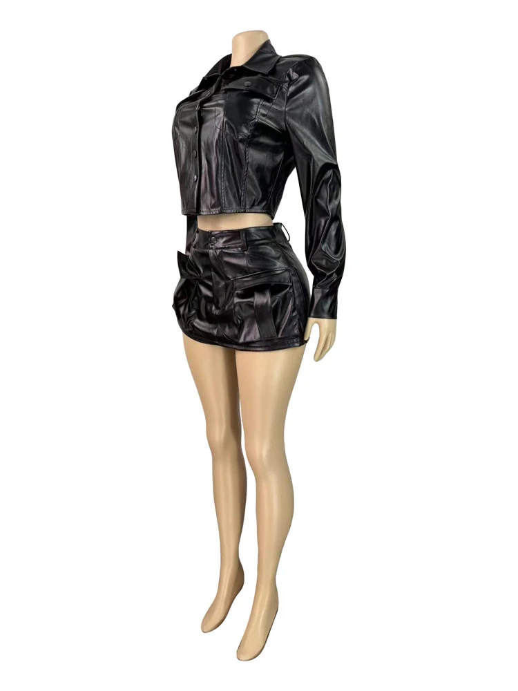 2-teiliges Set für Damen, Ausgehen, Outfits, Kunstleder, langärmelig, bauchfreie Jacke und Cargotaschen, Skort, weibliche Streetwear, passende Sets – Detail 4