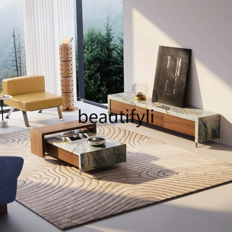 Italian modern, household natural luxury stone marble, TV cabinet combination acrylic suspension