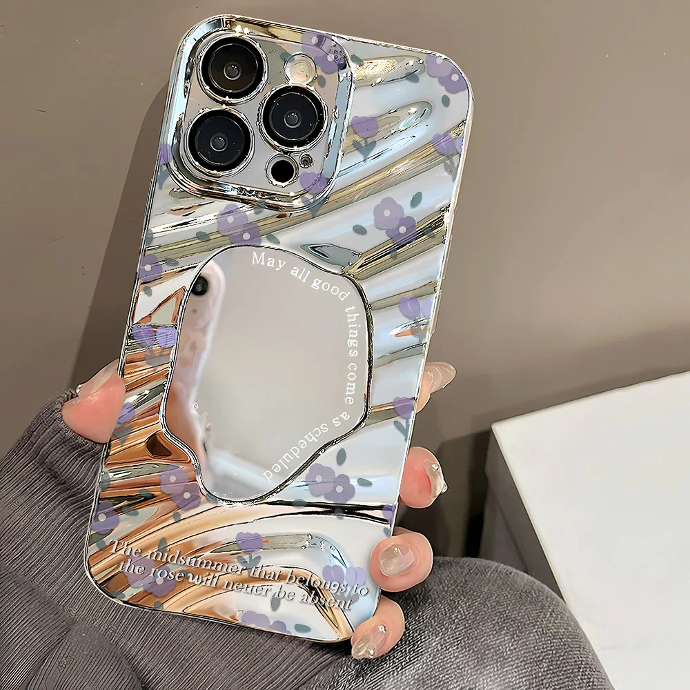 Чехол для телефона Flower Silver Mirror Wave Edge для iPhone 17 Pro, чехол для iPhone 13 14 12 11 15 16 Pro Max, мягкий глянцевый чехол со шнурком