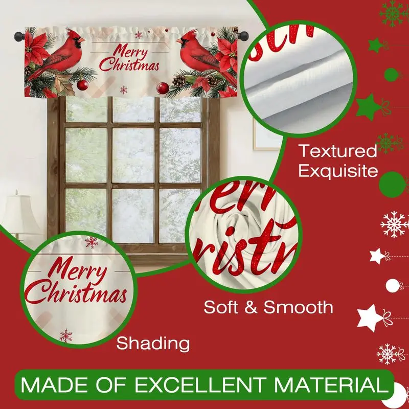 VIKAMA Christmas Window Valance Cardinal Poinsettia Print Short Curtain for Kitchen Window Holiday Home Decor