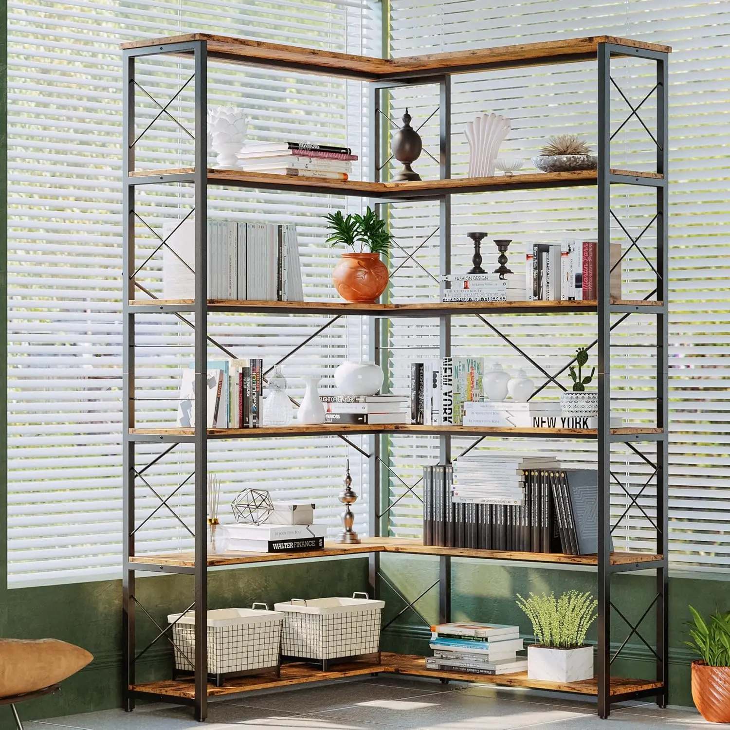 6-Shelf Corner Bookcase, Vintage Industrial Corner Bookshelf Bookcase, 6 Tiers Corner Shelf Storage Rack with Metal Frame for Li