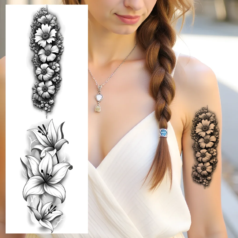 

12pcs Temporary Tattoo Flower Cluster Black And Grey Realism Botanical Art Leaf Accent Realistic Temporary Tattoos For