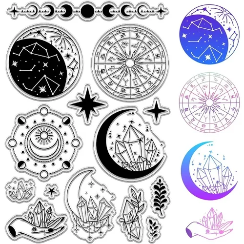 초승달 달 투명 고무 스탬프, 크리스탈 6 포인트 스타 빈티지 재사용 가능한 투명 실리콘 스탬프, 저널링용 씰, 1 개 