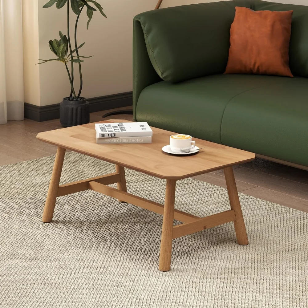 

Farmhouse Wood Coffee Table 35.5” Side Table Mid Century Wooden Table for Living Room Reception Room, Natural Finish