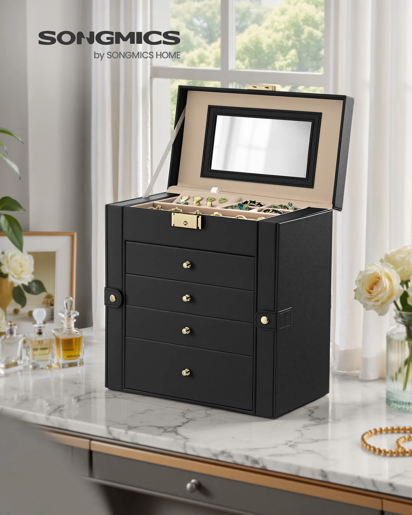 SONGMICS 5-Layer Jewelry Box Organizer with 4 Drawers, Jewelry Storage Case with Lock and Mirror, Large Storage Capacity, Gift f