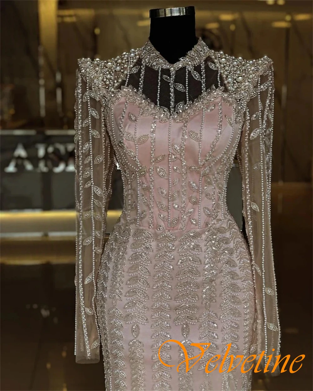 Customized Delicate Satin High Collar Evening Dress Exquisite Long Sleeves Prom Dresses Delicate Crystal Special Occasion Gowns image 4
