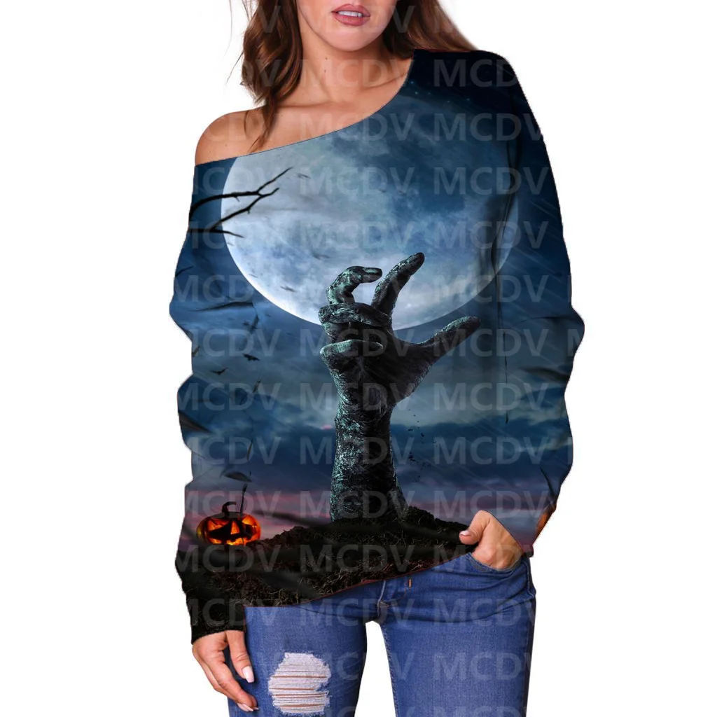 Suéter con hombros descubiertos para mujer, Jersey informal de manga larga con estampado 3D de Halloween