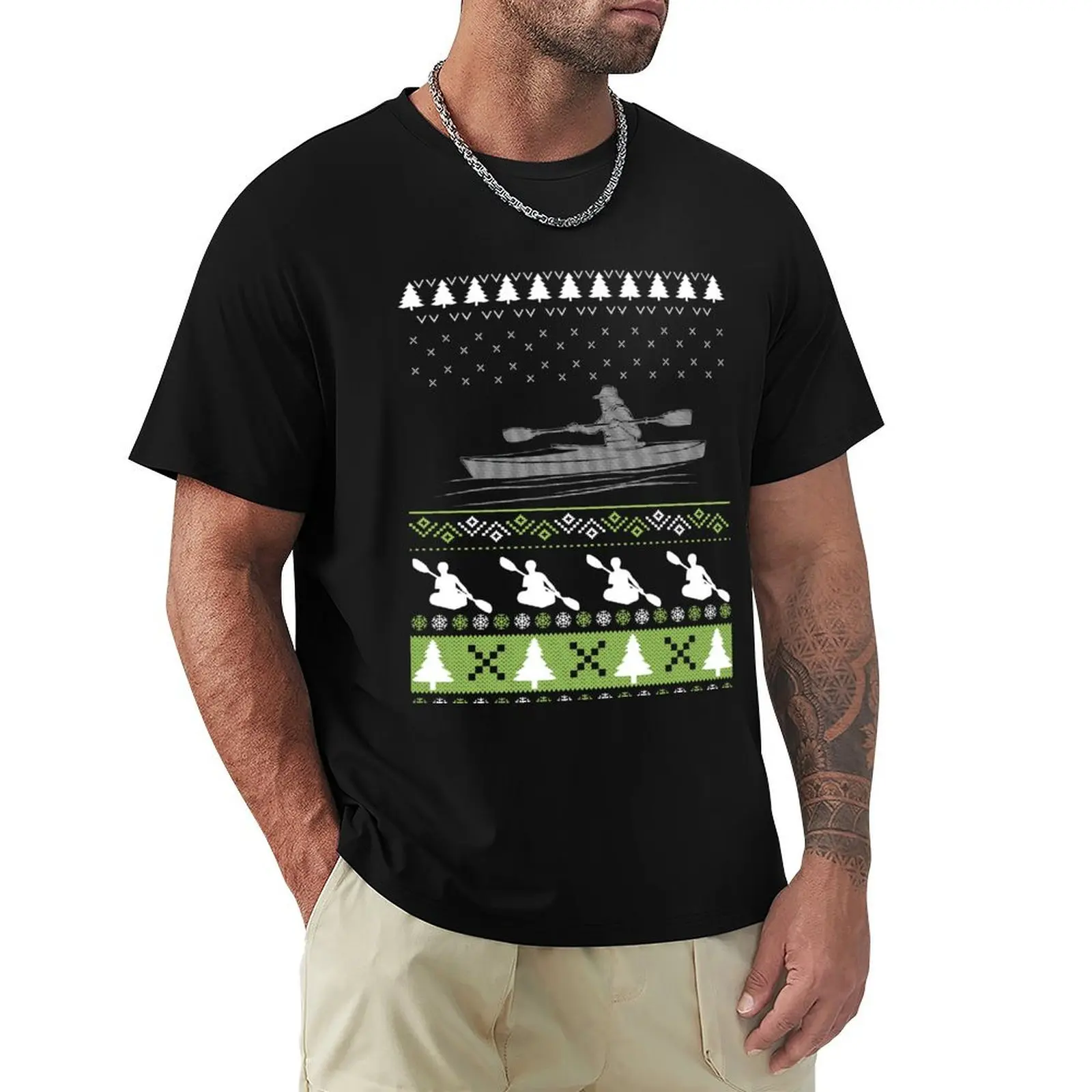 Happy Kayaking Ugly Kayak Christmas Sweater T-Shirt Comfortable Basic Crew Neck Tee