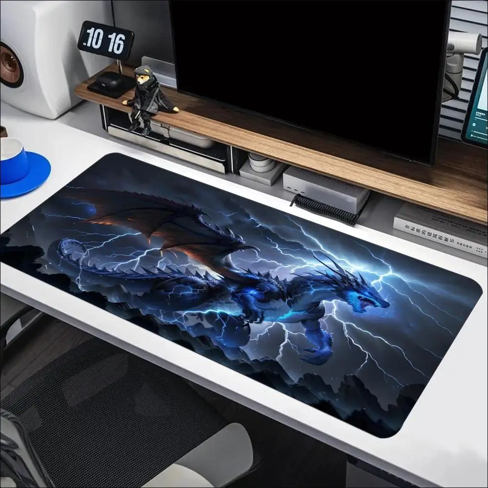 Thunder Storm Blue Ice Dragon Gaming Mouse Pad Non‑Slip Rubber Desk Mat Powerful Fantasy Beast Art For Laptop PC Gaming