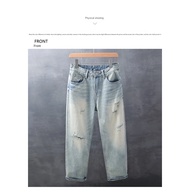 الربيع والصيف الصناعة الثقيلة الجديدة غسلها القديمة اليدوية البالية الأمريكية الرجعية فضفاضة السراويل الدنيم ثقب مستقيم للرجال