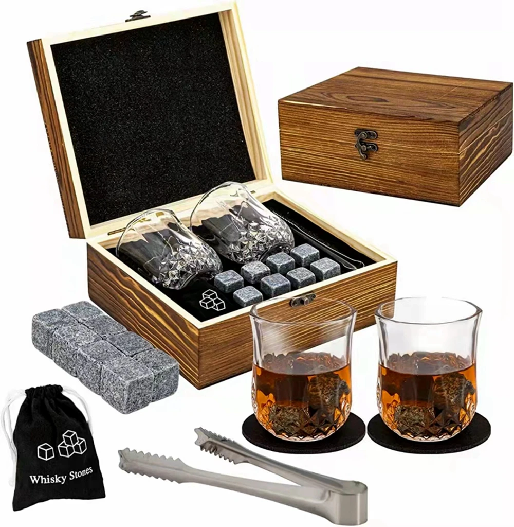 Whiskey Glasses Luxury Set Reusable Ice Cubes Stone for Whisky Scotch Rock Whiskey Wooden Men Gift Set Bar Accessories Home Bar