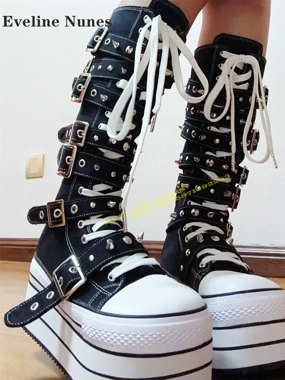 Platform Rivet Cross Tied Canvas Punk Boots Round Toe Thick Sole Height Increasing Buckle Strap Knee-High Boots Subculture Style