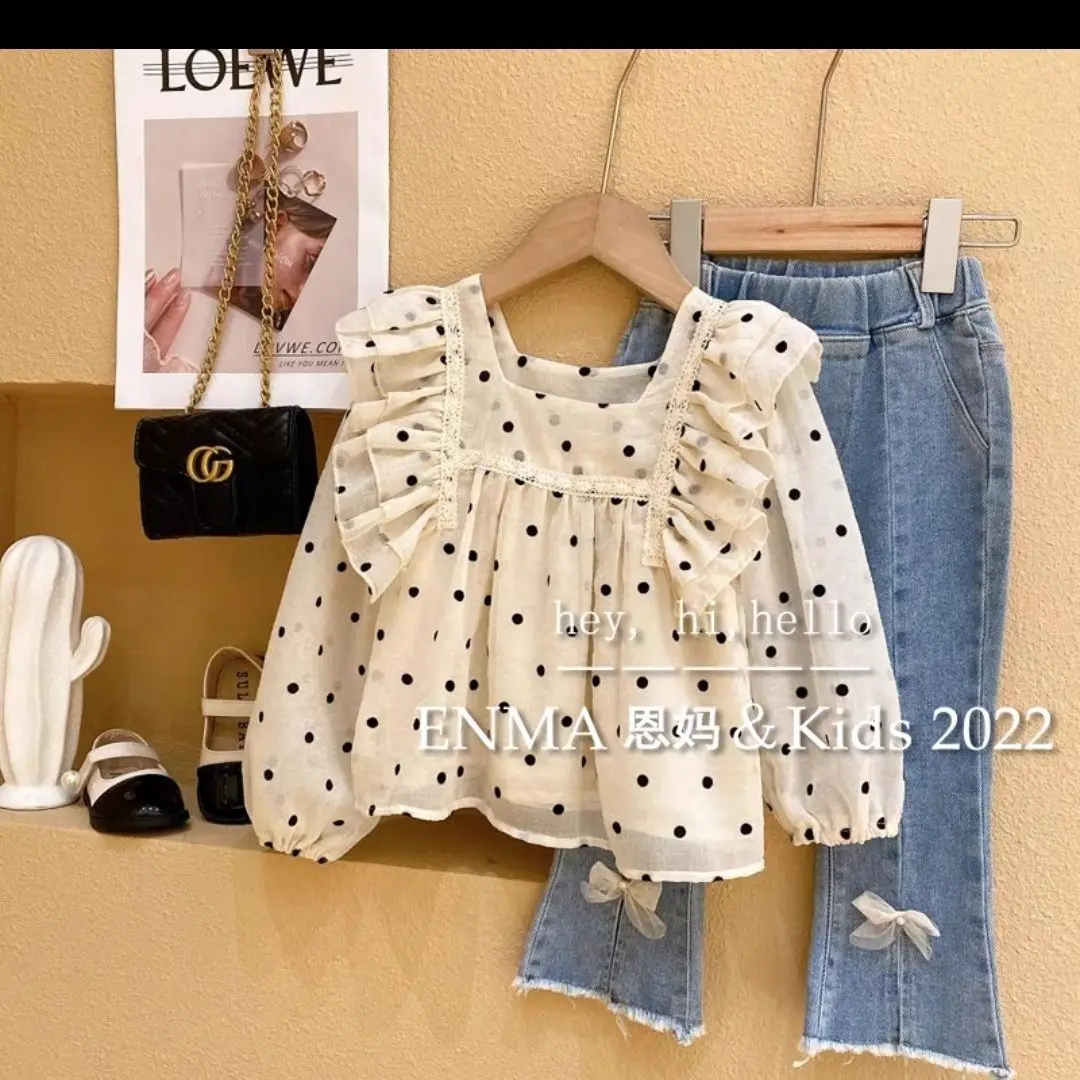 Korean Children's Clothing 2026 Spring and Autumn Girls' Polka Dot Wood Ear Edge Shirt Girl Temperament Sweet Jeans Set