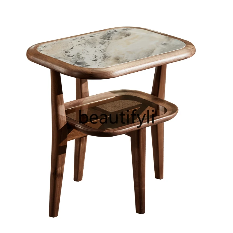 

North American black walnut corner, retro solid wood rock slab sofa in the living room, double storage table