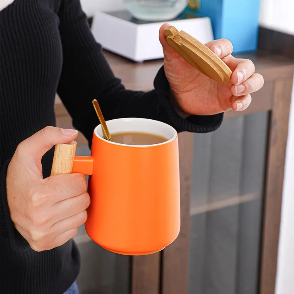New Vintage Nordic Design Ceramic Coffee Mug with Lid Wooden Handle Retro Office Home Water Cup Simple Business Gift Drinking - view 5