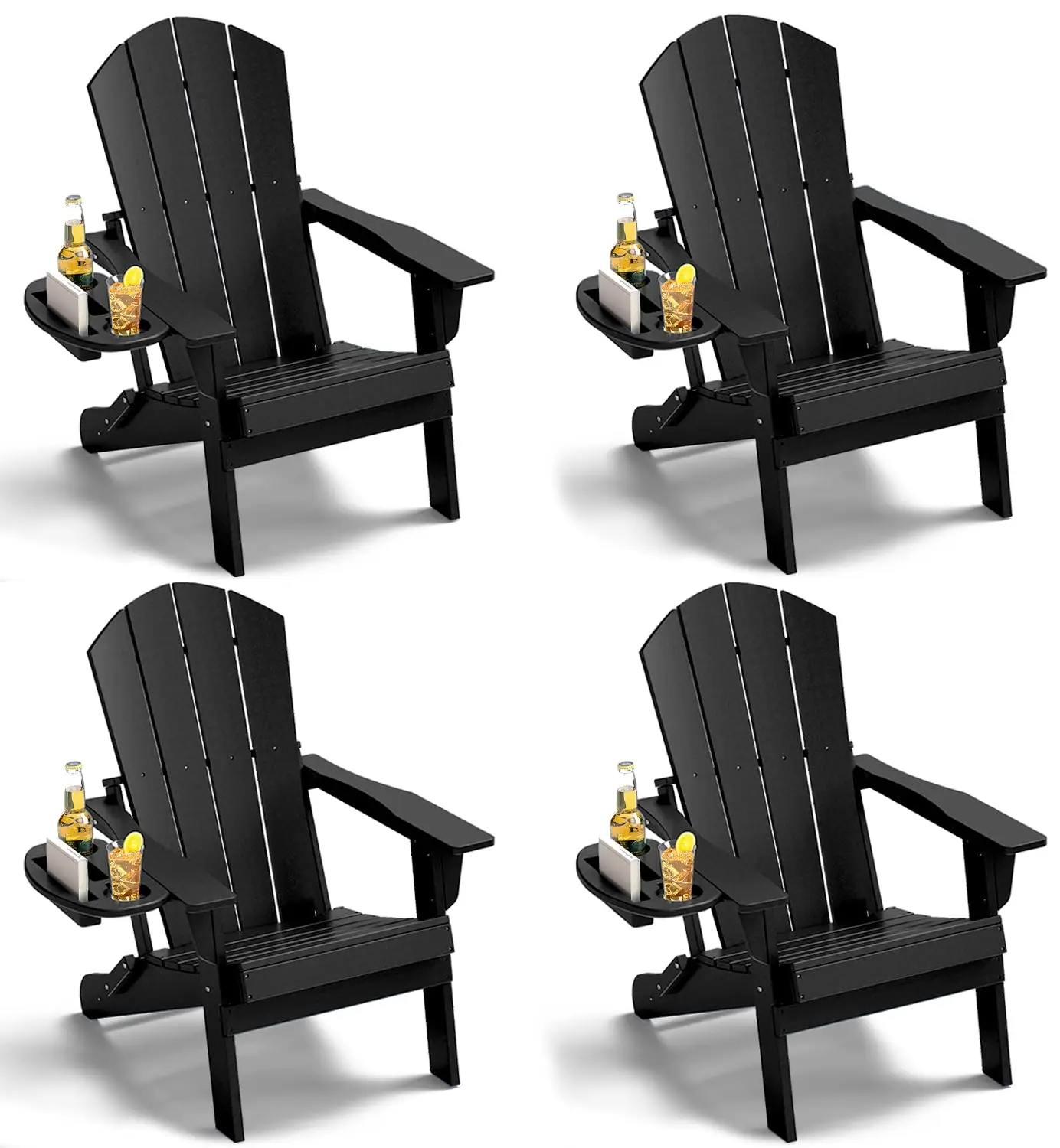 Black Adirondack Chair Set 4, HDPE Fire Pit Chair with Cup Holder & Wide Seat for Outdoor Porch Patio, Customized