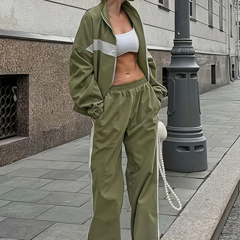 Matching Two Piece Sports Suits Women Casual 2025 New Fall Fashion Patchwork Color Jacket+High Waist Elastic Pants Female Sets