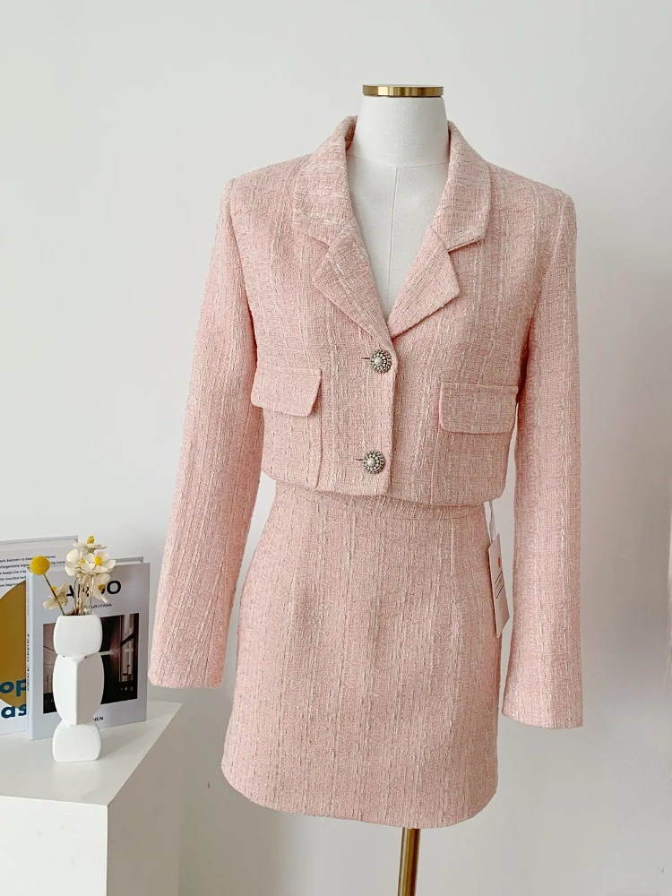 Elegant Fashion Pink Tweed Suit Women\'s Autumn 2023 Y2k High Quality Blazer Coat+Bag Hip Skirt Commuting Two-Piece Set