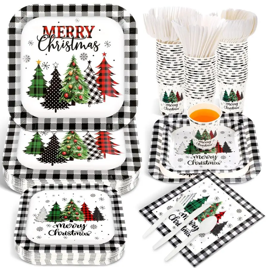 

Pcs Christmas Party Supplies Christmas Tree Hanging Ball Party Tableware Set Square Paper Plates Disposable Napkins Cups Plastic