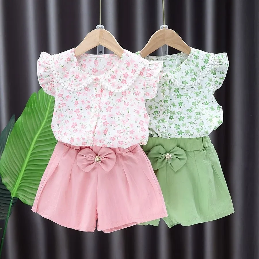 

Summer Children's Suit for Girls Cute Flower Print Short Sleeve T-shirt And Shorts 2PC Set Casual Outfit Baby Kids Clothing