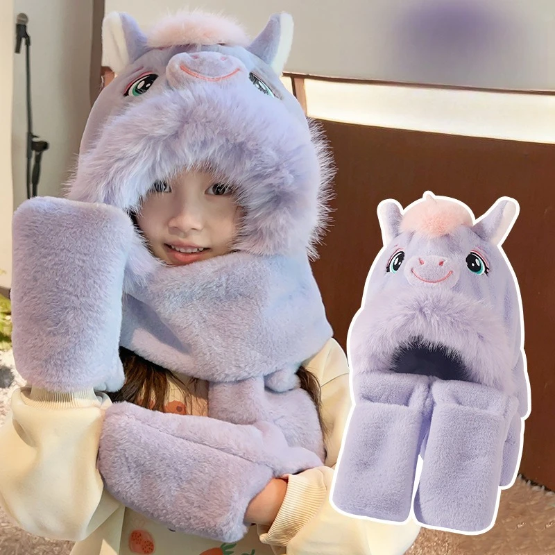 Miniso Little Pony الأطفال قبعة وشاح المتكاملة ثلاث قطع مجموعة للفتيات زائد الصوف سدادات حماية الأذن قبعة الباردة قبعة تدفئة