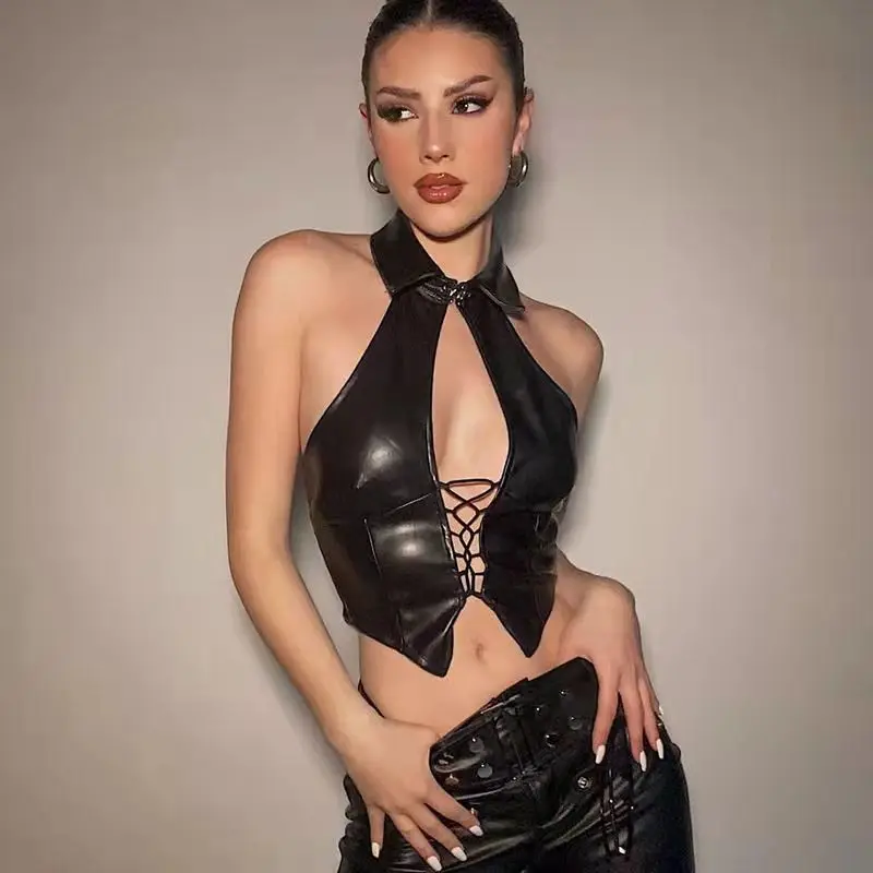 

Leather Crop Top Lace-Up Open Back Sleeveless Collared Halter Neck Edgy Punk Y2K Women’s Hot Girl Aesthetic Top for Party Wear