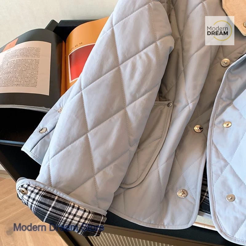 한국 블루 다이아몬드 패딩 숏 따뜻한 패딩 재킷 여성용 가을 겨울 신상 패션 기품 있는 스티칭 코튼 코트