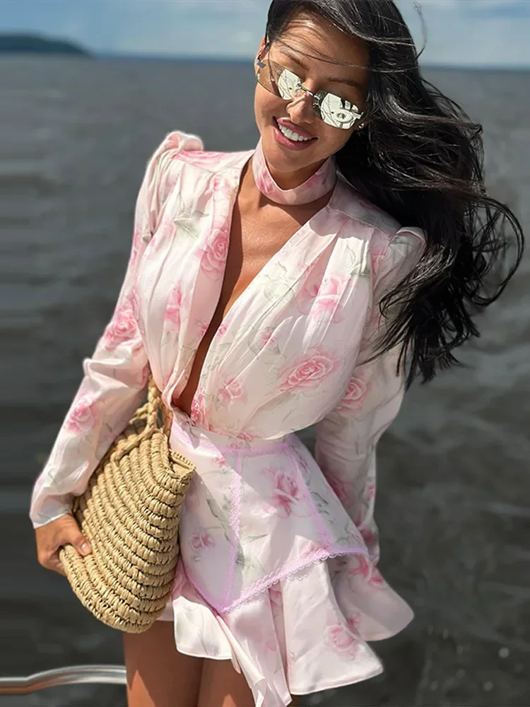 Robe Courte Florale Élégante pour Femme 2026 – Tunique Halter à Manches Longues avec Ceinture Ajustable – Robe d'Été pour Vacances Féminines