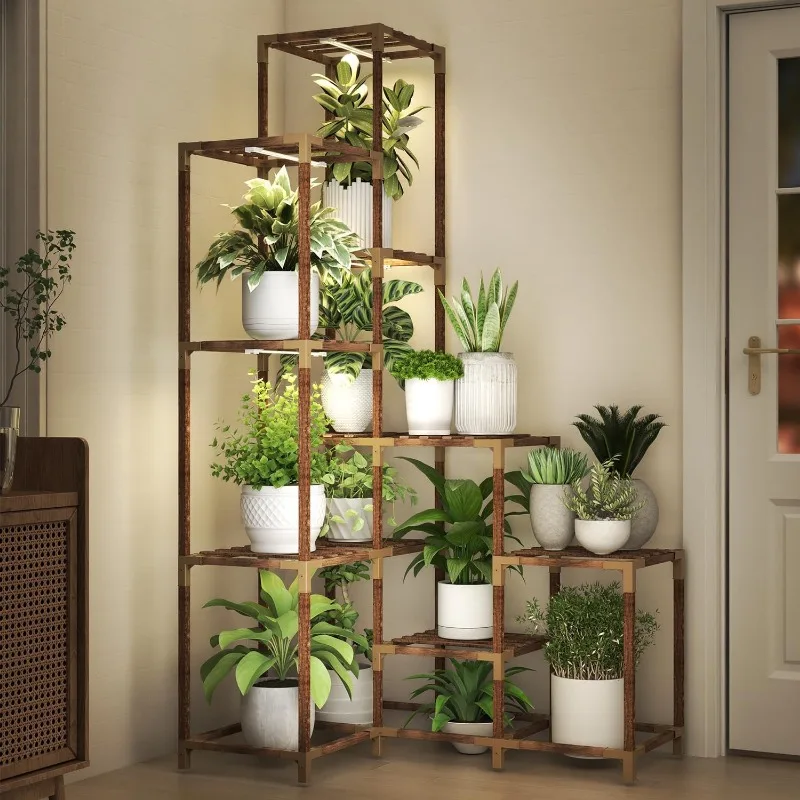 

Corner Plant Stand with Grow Lights,Tall Plant Shelf Indoor Outdoor for Multiple Plants, Wood Plant Ladder Rack Holder Display