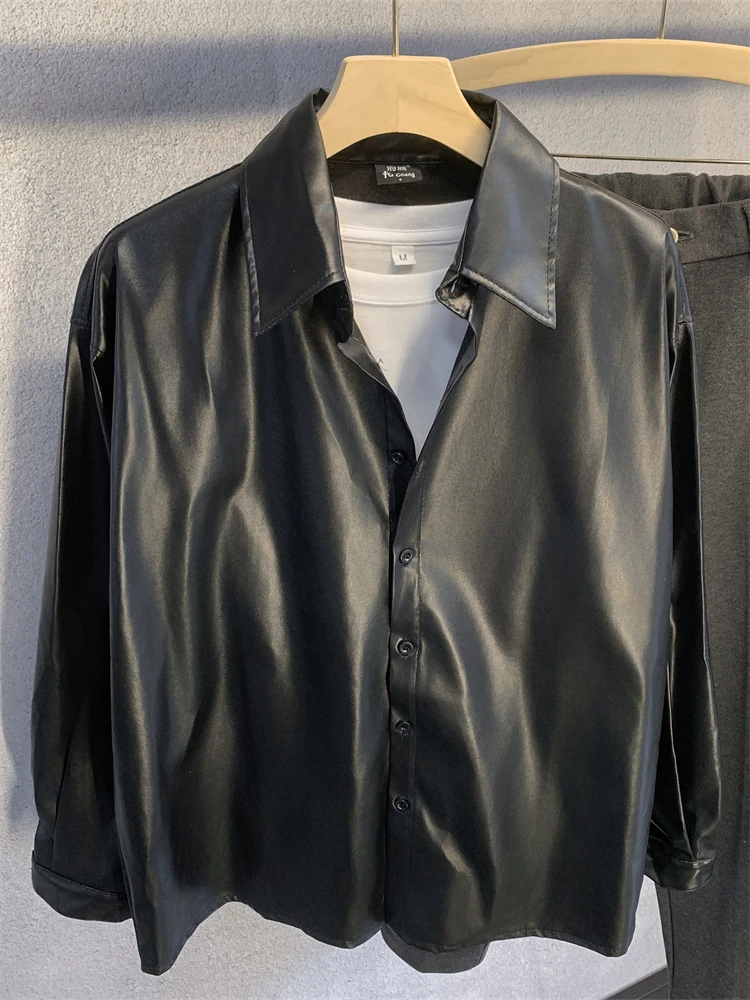 

Black American Retro Lapel Leather Jacket Men's Casual Loose Shirt Autumn New Style High-End Feeling Cool Outerwear