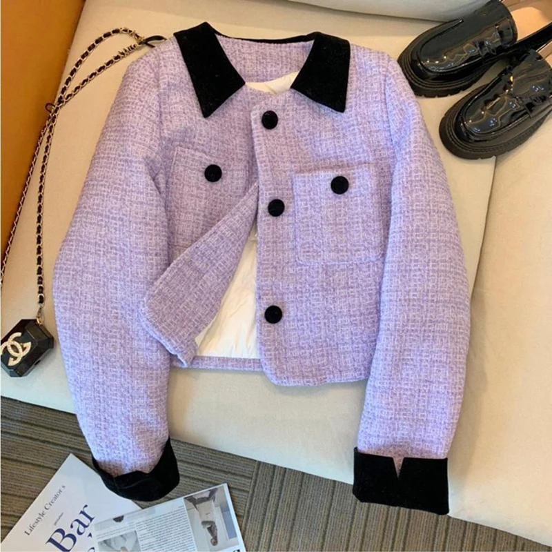 Women\'s Clothing Jacket Lavender lilac Purple Tweed Cardigan Coat 2024 Autumn Winter Chic Short Tops Korean Fashion Lady Outwear