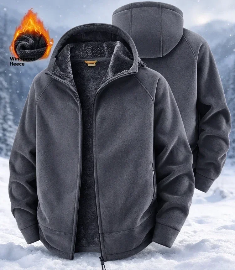 Men's Outdoor Sport Hooded Sweatshirt Jacket Warm Fleece Liner Windproof Softshell Inner Polar Fleece Coat with Zipper & Pockets