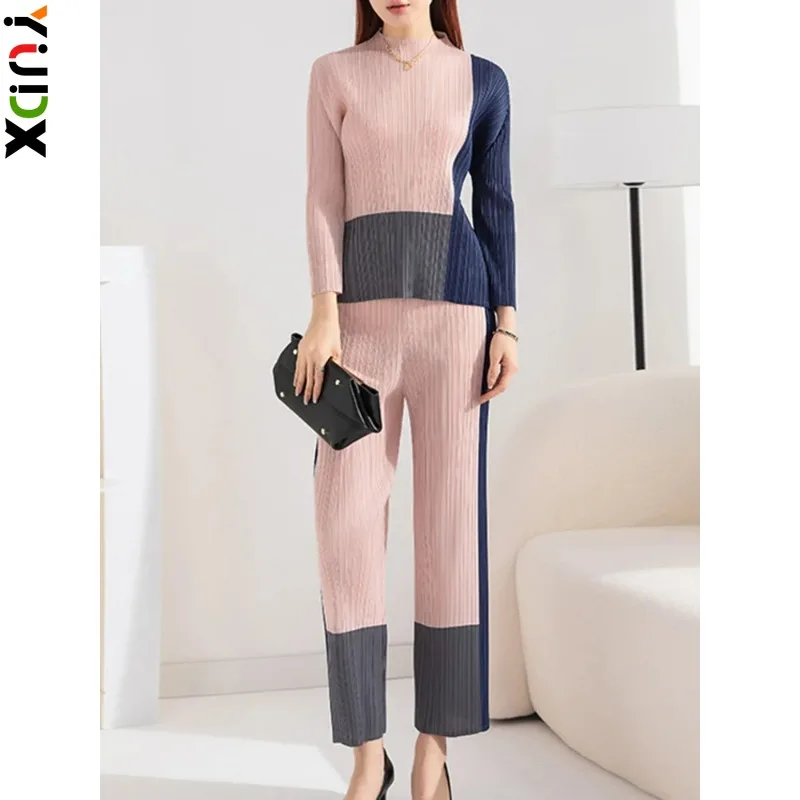 YUDX Miyake Contrast Color Pleated Sets For Women Long Sleeve Pullover Slim Shirt Top High Waist Pants 2 Piece Set New