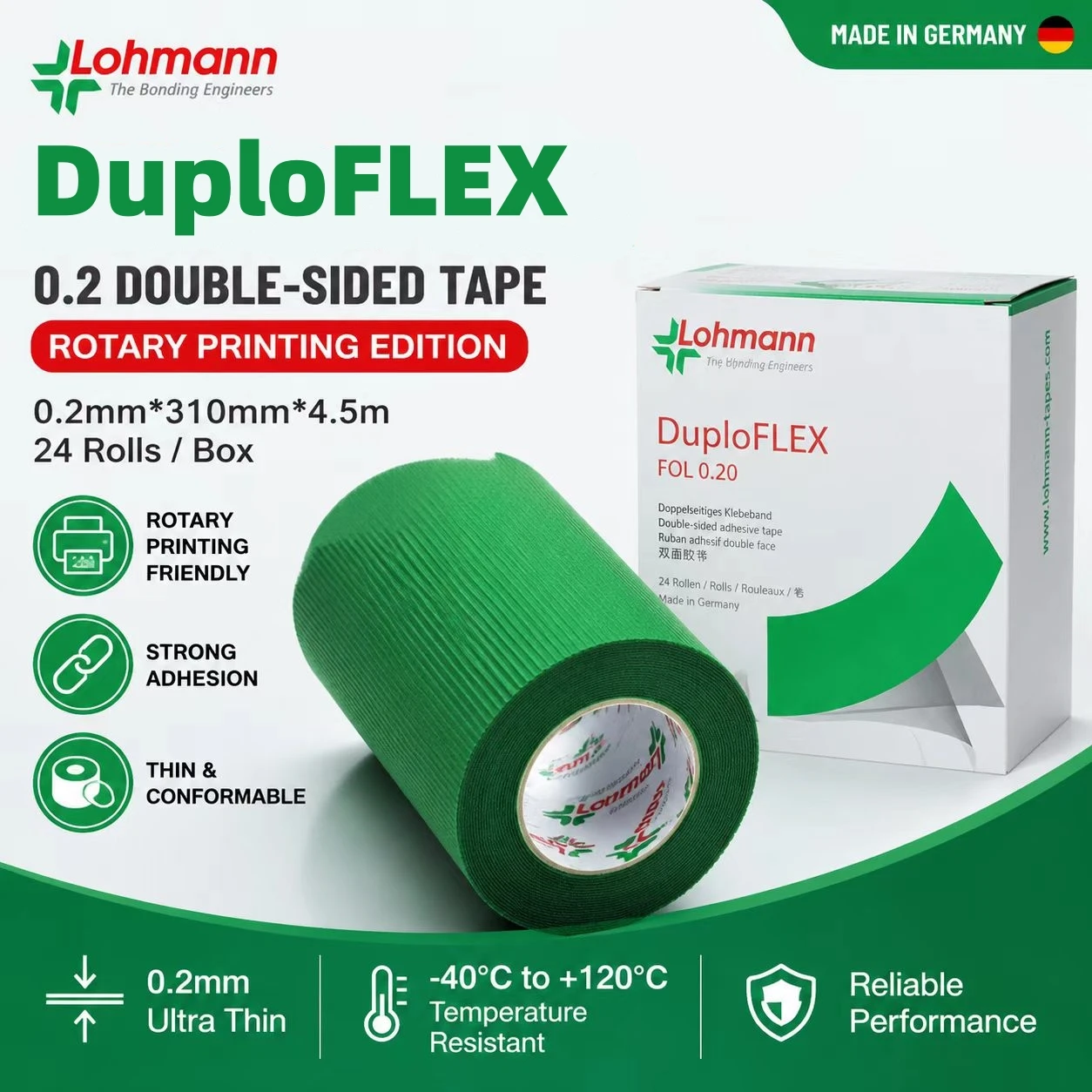 Roman Double-Sided Adhesive Tape LOHMANN Imported Green 0.1mm Transparent 0.2mm Thickness 310mm X 4.5m Roll for Office Use