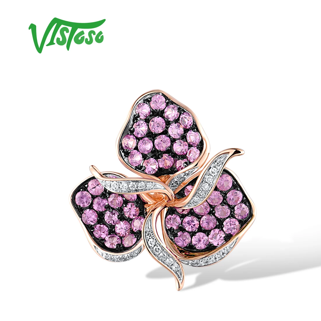 VISTOSO Pure 14K 585 Rose Gold Pendant For Women Sparkling Diamond Pink Sapphire Flower Ombre Wedding Anniversary Fine Jewelry